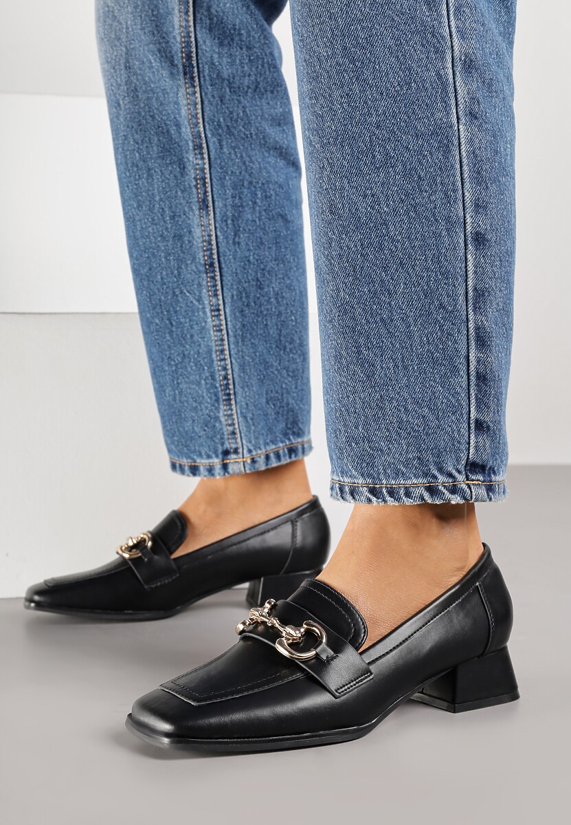 Czarne Mokasyny z Klamerką i Niskim Kwadratowym Obcasem Fansai