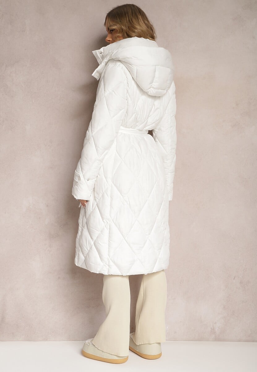 Biała Pikowana Kurtka Płaszcz za Kolano Wiązana w Pasie z Kapturem Klavsa