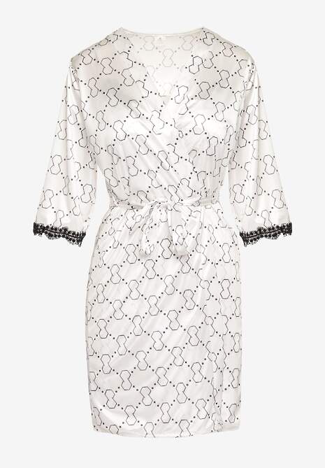 Biały Komplet Piżamowy z Koronki Koszula na Cienkich Ramiączkach Szlafrok z Paskiem Bredefia