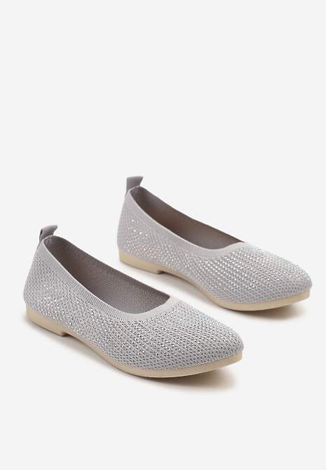 Szare Elastyczne Balerinki z Cholewką Zdobioną Metalicznymi Przeszyciami Elitella