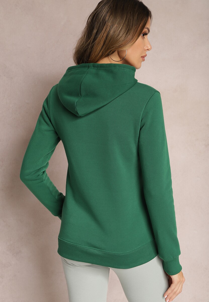 Zielona Bluza Kangurka Ocieplona Polarem z Ozdobnym Nadrukiem Elili