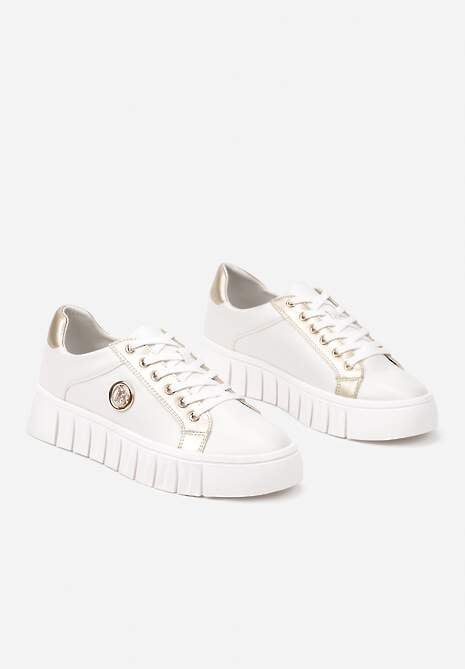 Biało-Złote Sznurowane Sneakersy Vices na Platformie z Tłoczeniem i Metaliczną Aplikacją Lavfedi