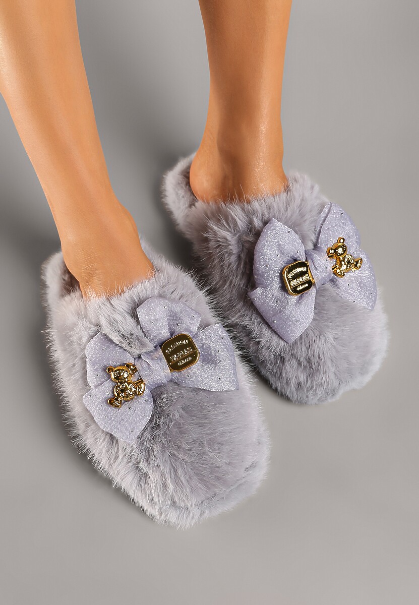 Szare Kapcie z Futerkiem Zdobione Kokardą z Metalowymi Aplikacjami Filora
