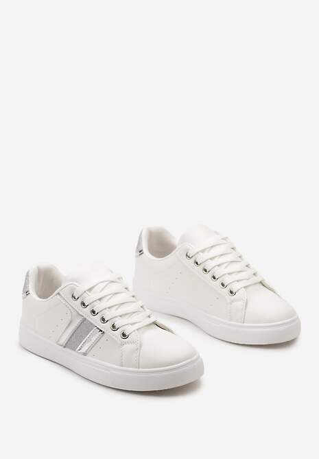 Biało-Srebrne Casualowe Sneakersy z Brokatem i Metalicznym Zdobieniem Tidalis