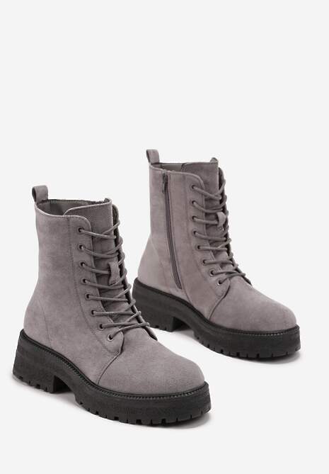 Szare Sznurowane Botki na Grubej Podeszwie Vagala