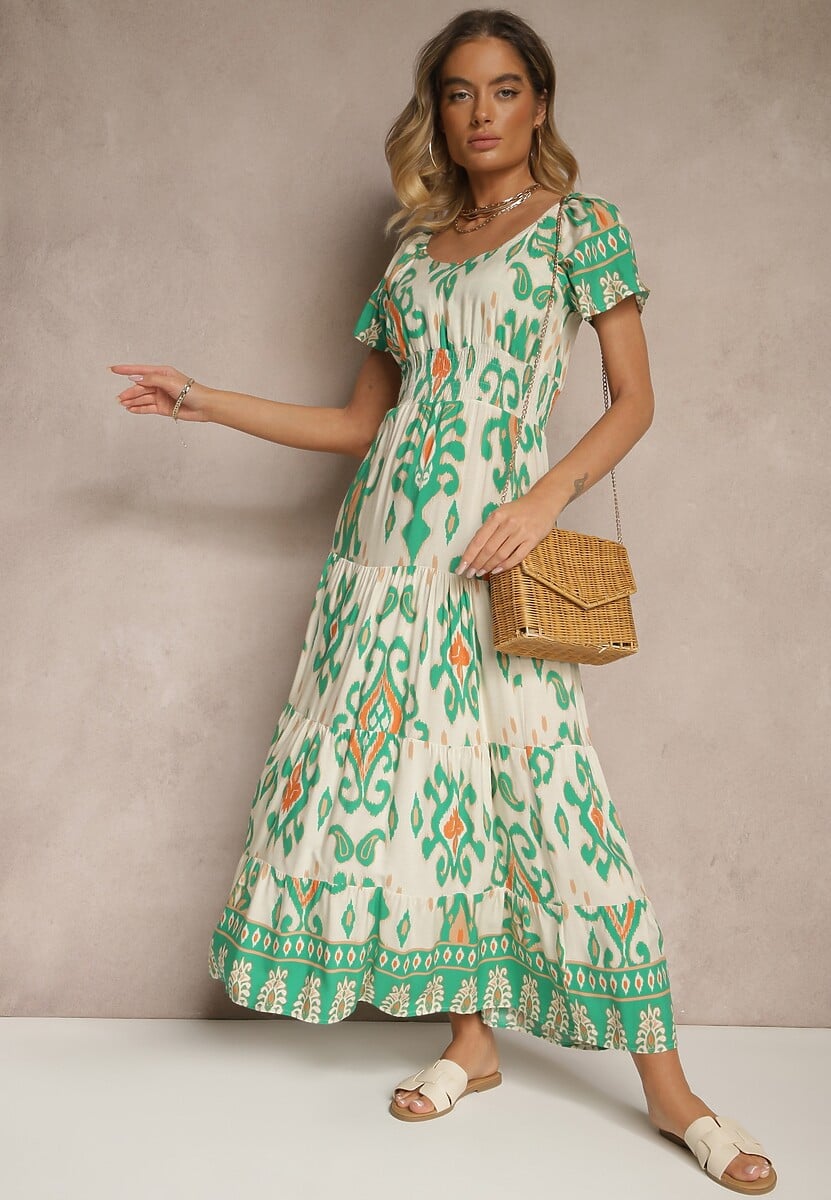 Zielona Sukienka z Wiskozy Ozdobiona Geometrycznym Motywem Clevessa