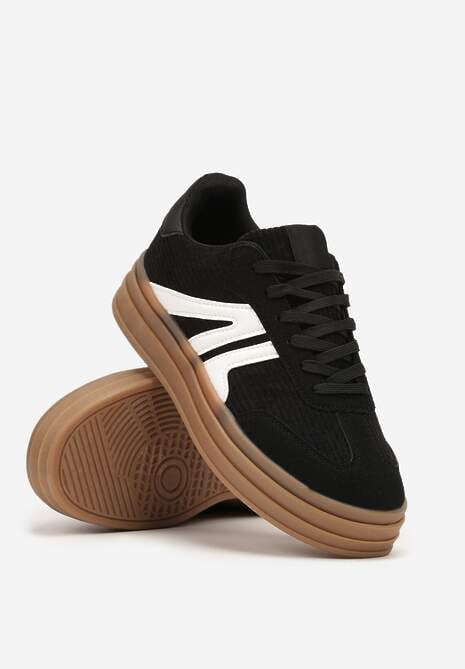 Czarne Sneakersy Tenisówki na Platformie z Tłoczeniem i Geometrycznym  Motywem Kialie