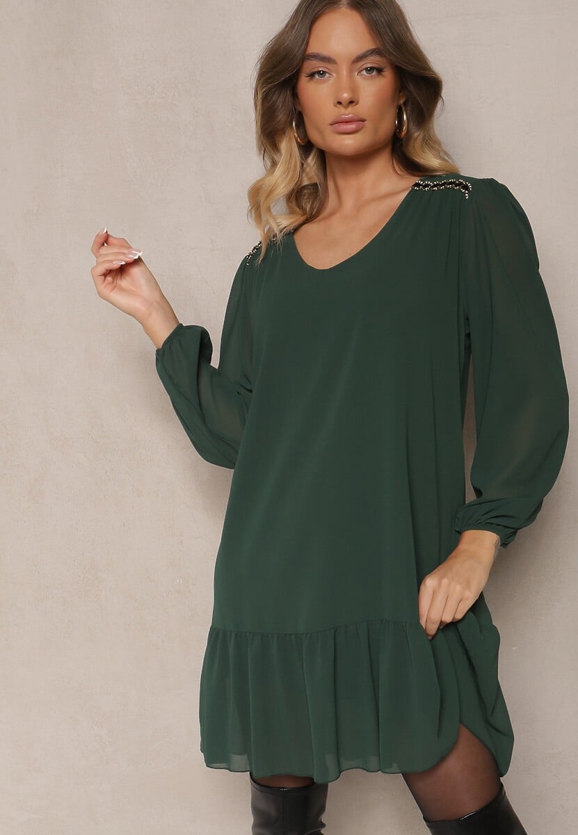 Ciemnozielona Sukienka z Wiskozą z Bufiastymi Rękawami i Falbanką u Dołu z Siateczki Ilita