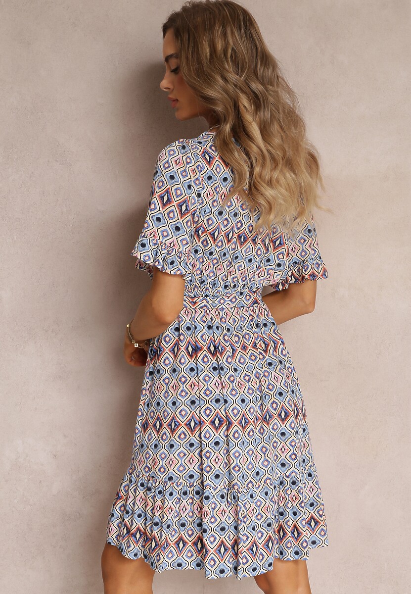 Niebieska Sukienka Mini z Gumką w Pasie i Falbanką z Wiskozy Ellison