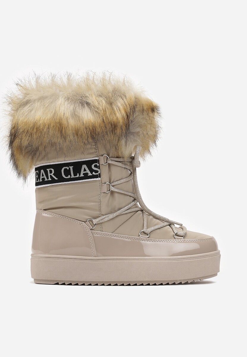 Ciemnobeżowe Sznurowane Śniegowce na Platformie z Ozdobnym Futerkiem i Napisem Bressi