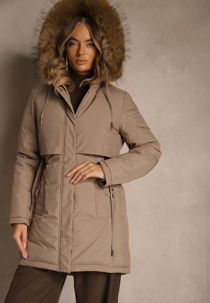 Ciemnobeżowa Klasyczna Kurtka Parka z Kapturem z Futrem Nalisava