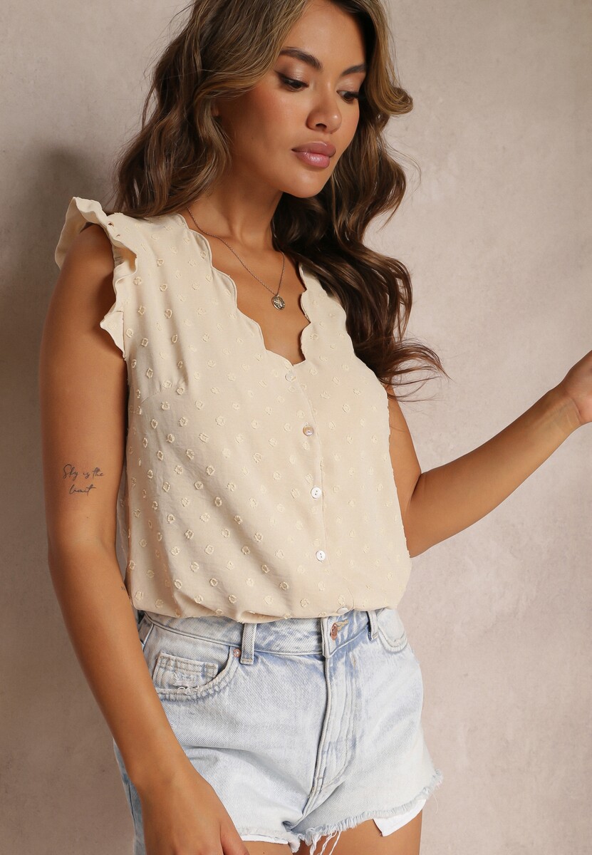 Czarna Bluzka Top z Ozdobnym Dekoltem i Falbankami przy Ramionach Briara