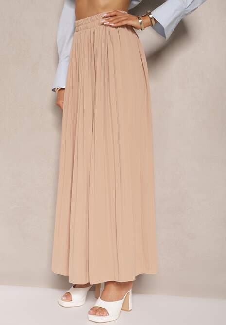 Beżowa Plisowana Spódnica o Rozkloszowanym Kroju z Gumką w Talii Ulindris