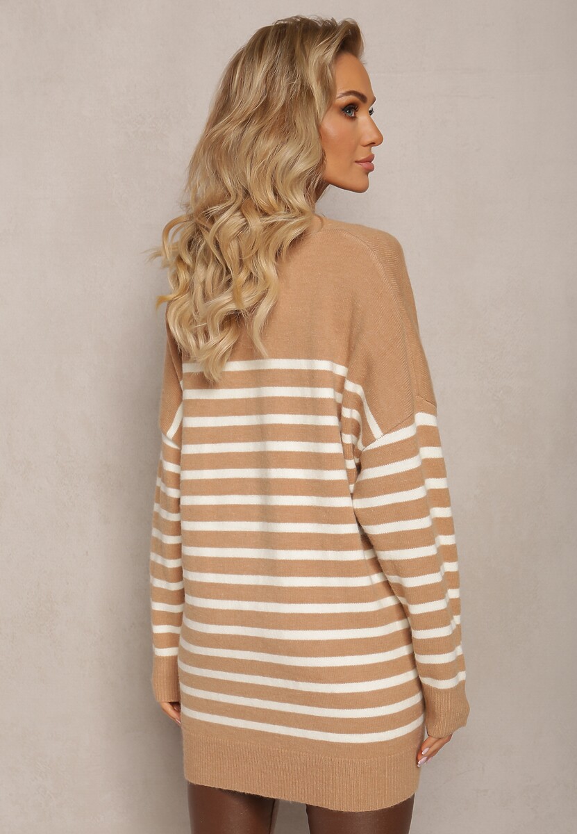 Beżowy Kardigan w Paski o Wydłużonym Fasonie z Dekoltem V Zapinany na Guziki Ravime