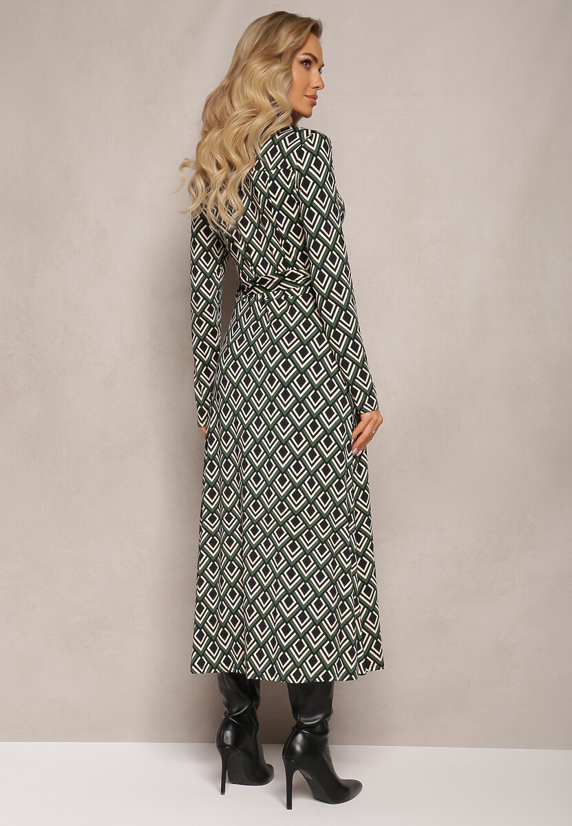 Zielona Koszulowa Sukienka Maxi w Geometryczny Wzór z Paskiem Oniufe
