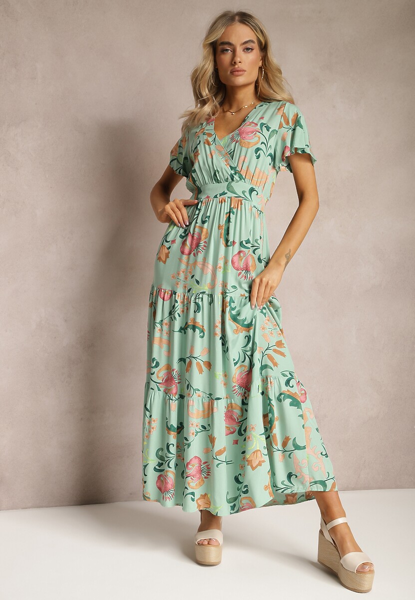 Zielona Kwiatowa Sukienka o Rozkloszowanym Fasonie Maxi z Wiskozy z Falbanką Acatie