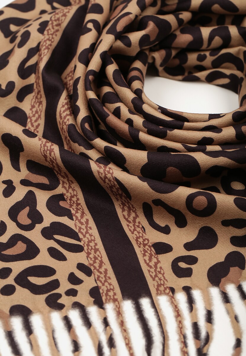 Ciemnobrązowy Wiskozowy Szalik w Panterkę Wykończony Frędzlami Alefera