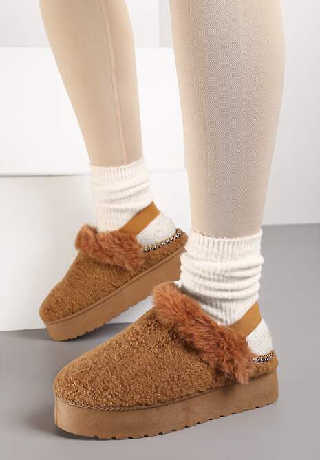 Brązowe Futerkowe Śniegowce na Grubej Podeszwie z Gumką na Pięcie Sosena