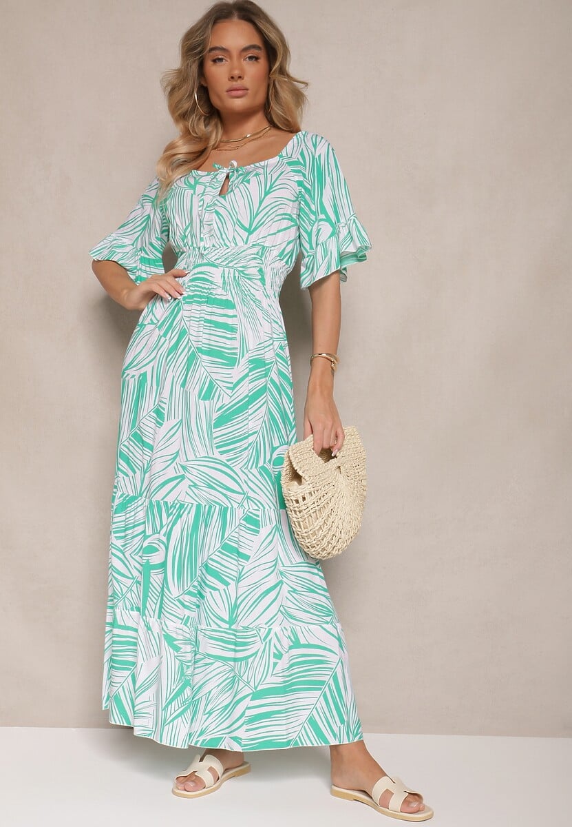 Zielona Sukienka z Bawełny o Rozkloszowanym Kroju z Motywem Liści Aluielle