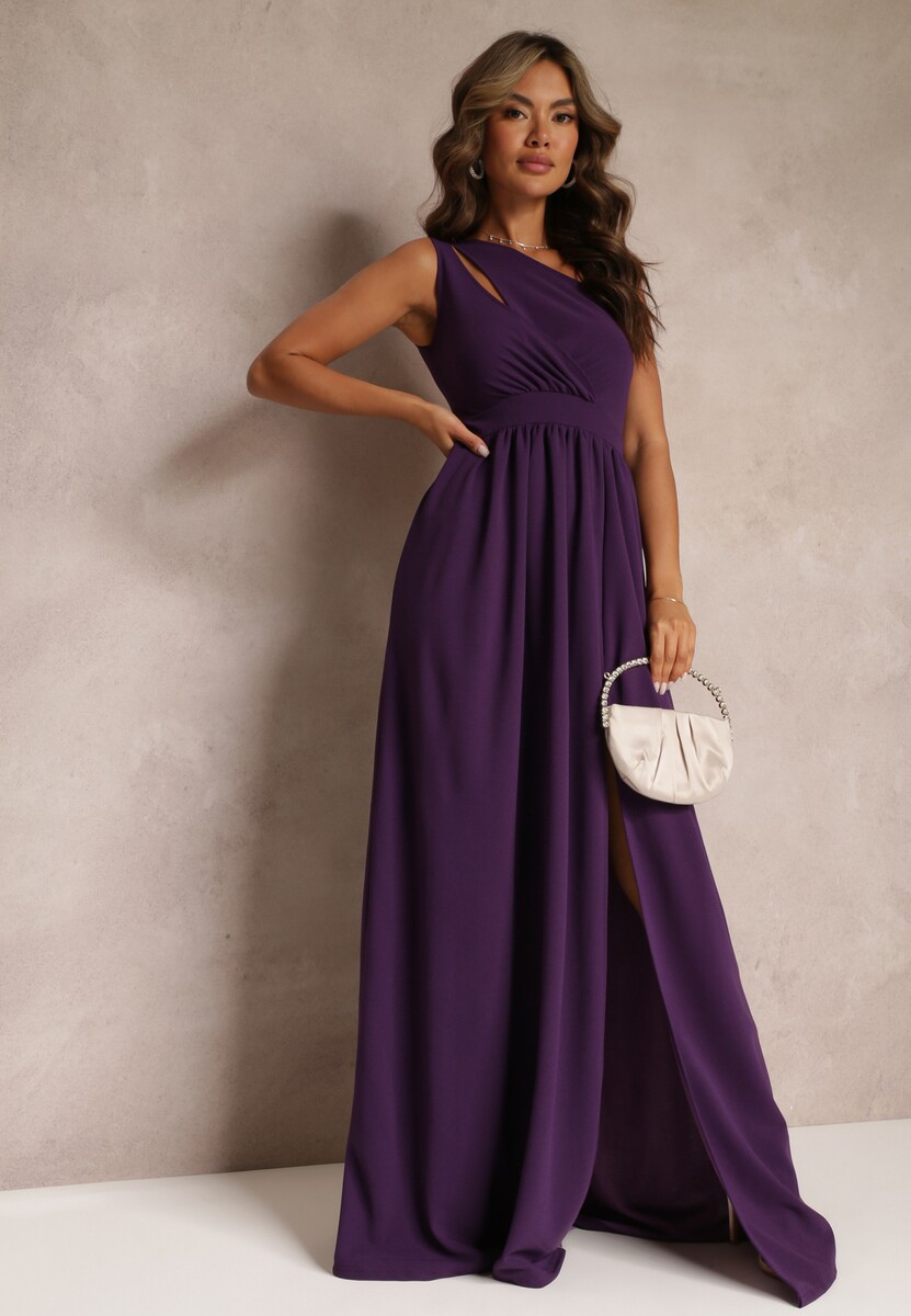 Ciemnofioletowa Asymetryczna Sukienka Na Jedno Ramię z Rozcięciem na Dole Xionia