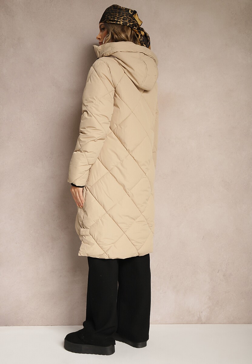 Ciemnobeżowa Pikowana Kurtka z Przeszyciem w Kratę Kapturem i Kieszeniami Zenetta