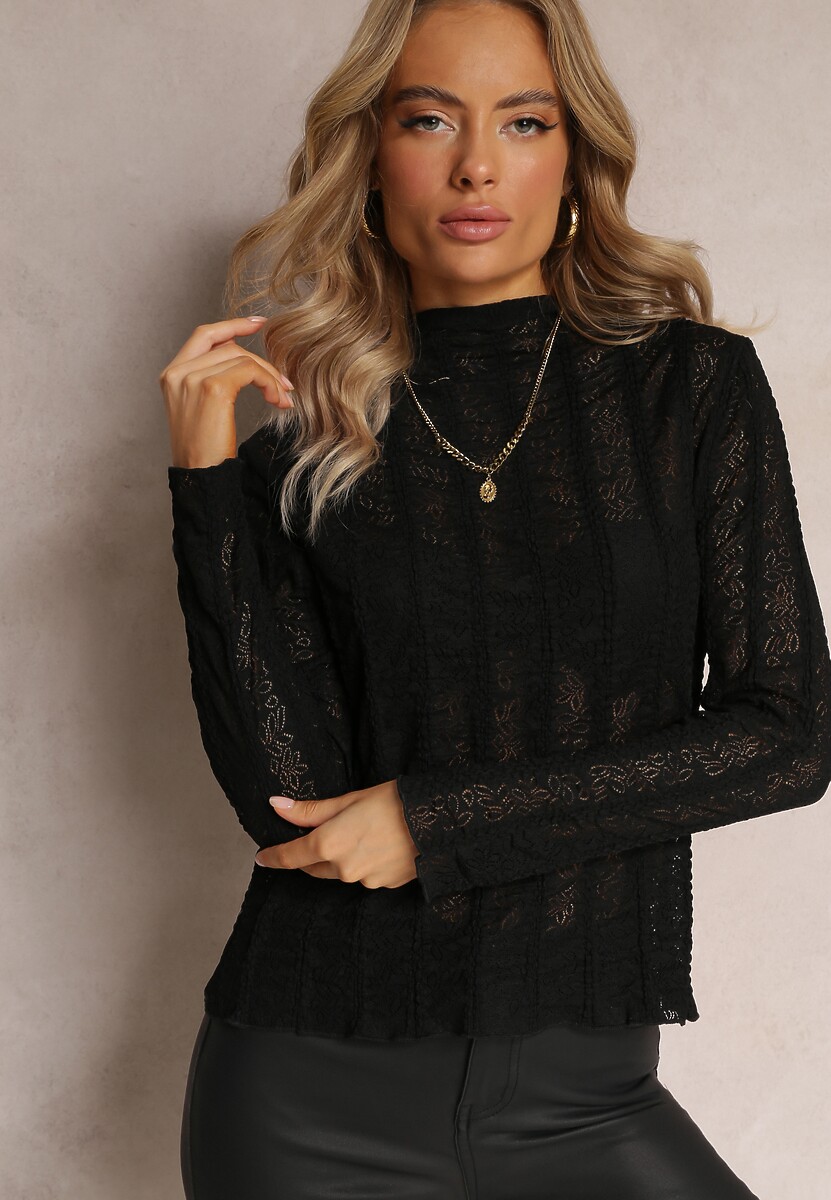 Czarna Bluzka z Ażurowymi Drobnymi Wycięciami Sophanne