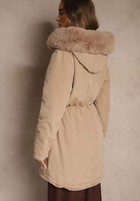 Beżowa Kurtka Parka Dwustronna z Futerkiem i Kapturem Alerisse