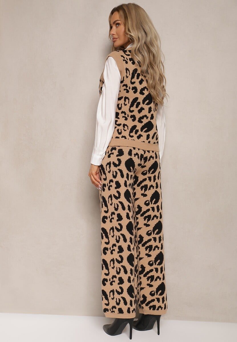 Beżowo-Czarny Komplet w Cętki z Dzianiny z Wiskozą Kamizelka na Guziki i Szerokie Spodnie Elttia