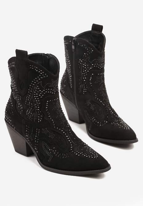Czarne Kowbojki Botki Ozdobione Cyrkoniami na Stożkowym Słupku Tulmira
