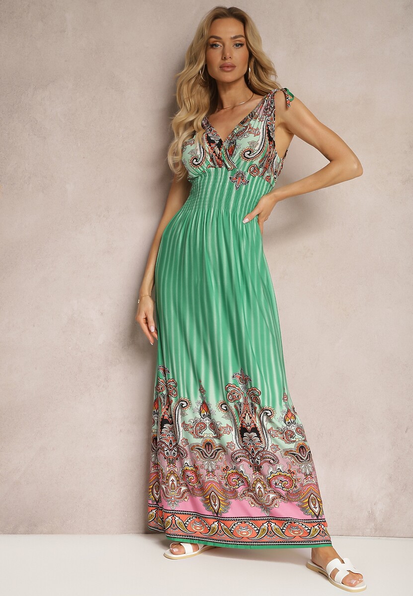 Różowa Rozkloszowana Sukienka z Trójkątnym Dekoltem i Ściągaczami w Ramionach Aneapmia