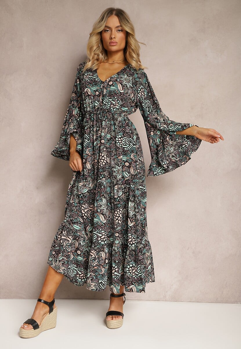 Czarno-Zielona Sukienka w Kwiatowy Print Rozkloszowana z Falbankami Airova
