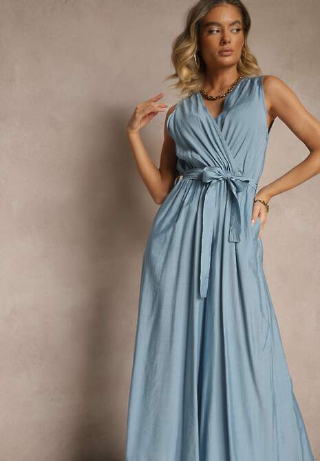 Niebieski Kombinezon Taliowany z Wiskozą Ozdobiony Paskiem Evintria