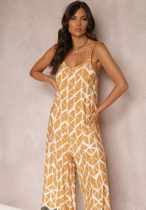 Jasnobrązowy Wiskozowy Kombinezon w Geometryczne Wzory na Ramiączkach Evera