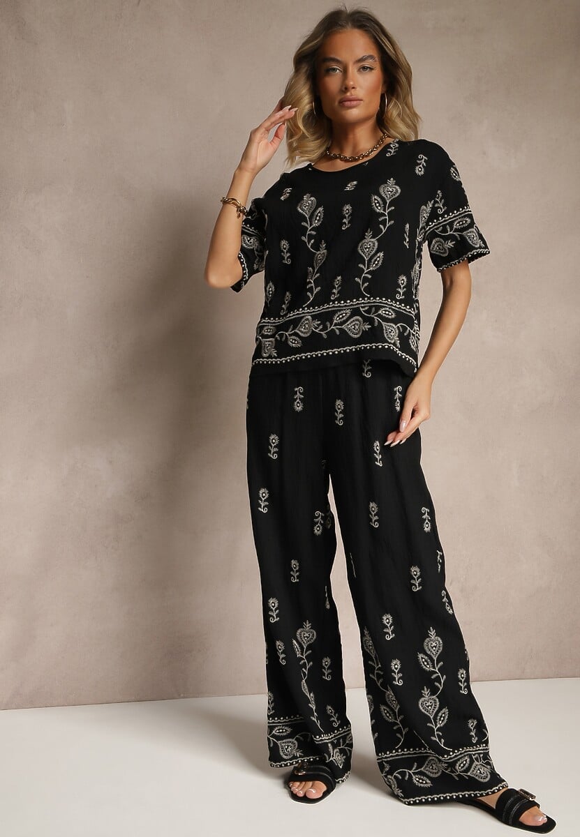Czarny Wiskozowy Komplet z Ozdobnym Haftem Koszulka i Spodnie o Szerokim Kroju Tealenea