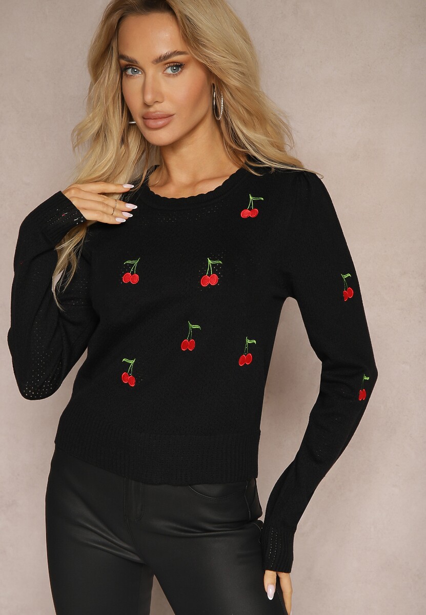 Czarny Sweter z Wiskozą i Ozdobną Perforacją z Aplikacjami w Kształcie Wisienek Niriala