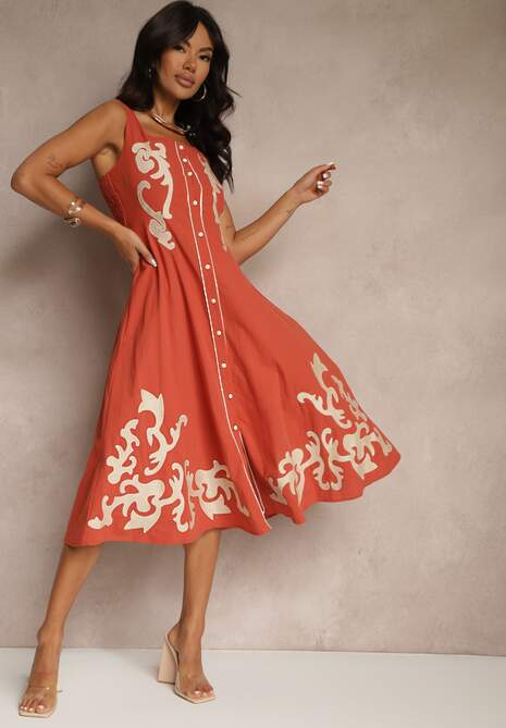 Pomarańczowa Bawełniana Sukienka z Guzikami i Haftami Milonellea