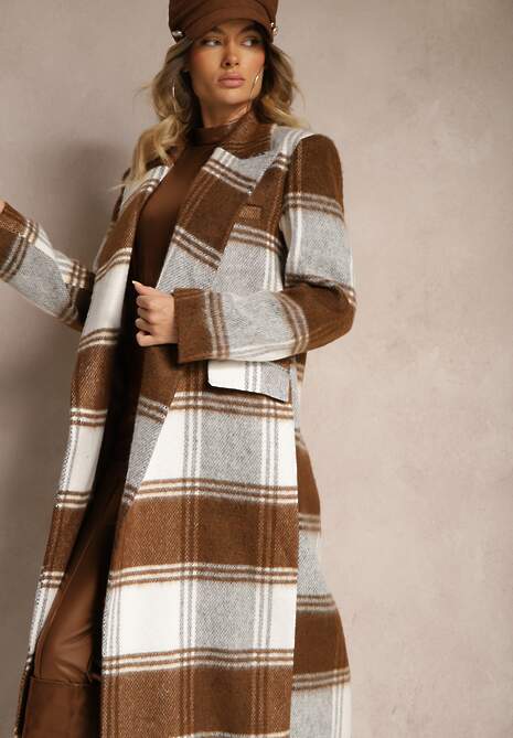 Brązowy Niezapinany Płaszcz w Kratkę z Kieszeniami z Klapą Fiboila