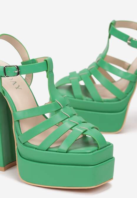Zielone Sandały na Wysokim Słupku i Platformie z Kwadratowym Noskiem i Sprzączką Lakota