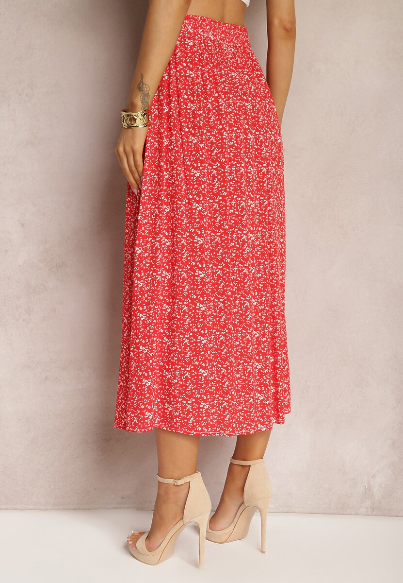 Czerwona Maxi Spódnica Rozkloszowana w Kwiaty z Guzikami Kessame