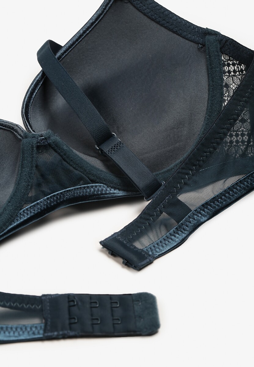 Ciemnozielony Biustonosz o Fasonie Push Up Ozdobiony Koronką i Cyrkoniami Topazia