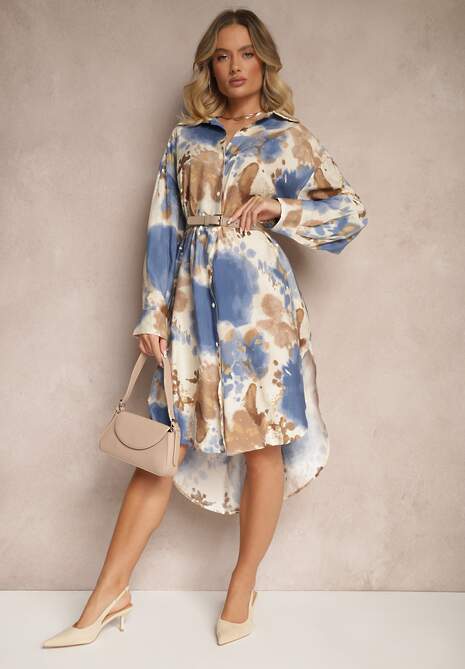 Niebieska Wiskozowa Sukienka Oversize o Kroju Koszuli w Abstrakcyjny Print Gonnivae