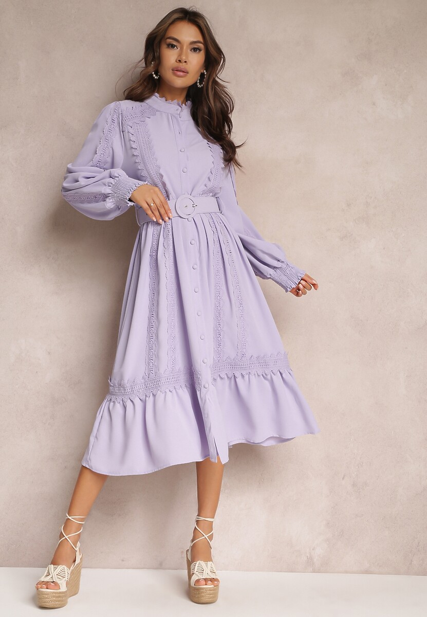 Fioletowa Koszulowa Sukienka Midi z Koronką i Paskiem z Klamrą Tocotte