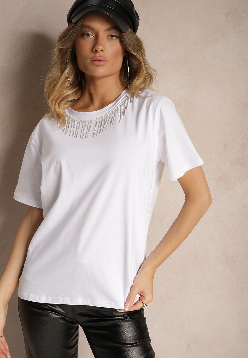 Biały T-shirt z Bawełny z Krótkim Rękawem i Ozdobnymi Cyrkoniami przy Dekolcie Vilefia