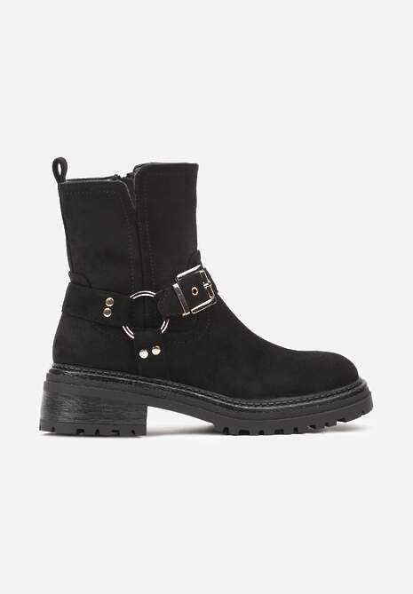 Czarne Botki w Motocyklowym Stylu z Ekozamszu z Ozdobną Klamrą przy Cholewce Ninnaria