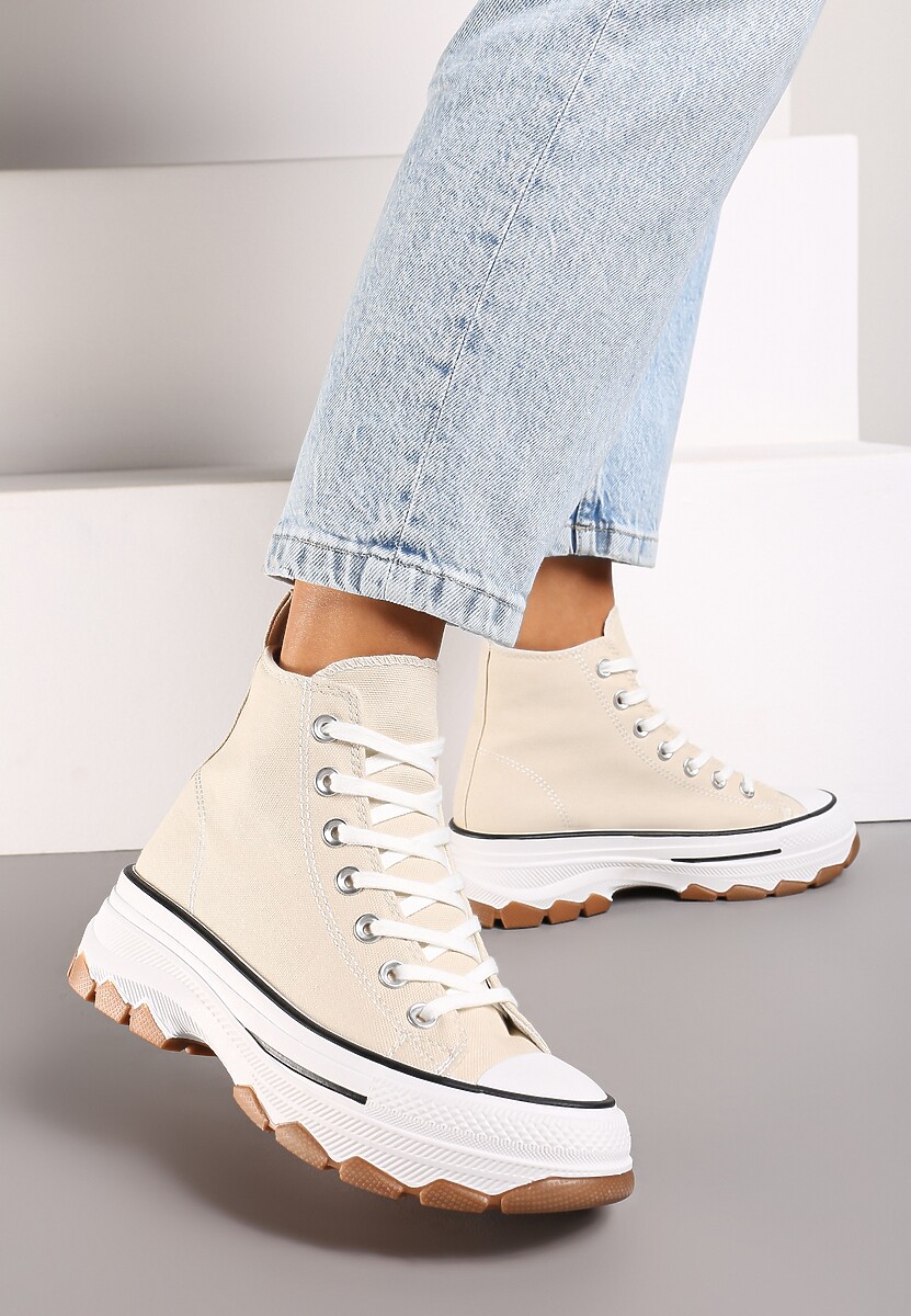 Ciemnobeżowe Casualowe Trampki za Kostkę na Grubej Platformie Tiaelina