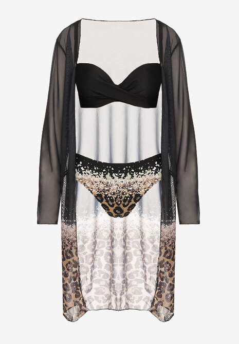 Czarny Komplet Bikini Majtki Figi Biustonosz i Narzutka w Panterkę Paselina