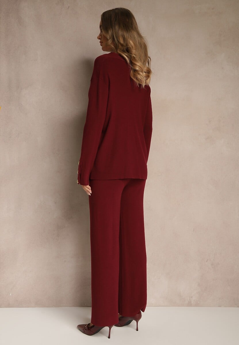 Bordowy Komplet z Dzianiny z Wiskozą Kardigan i Spodnie z Gumką Badrine