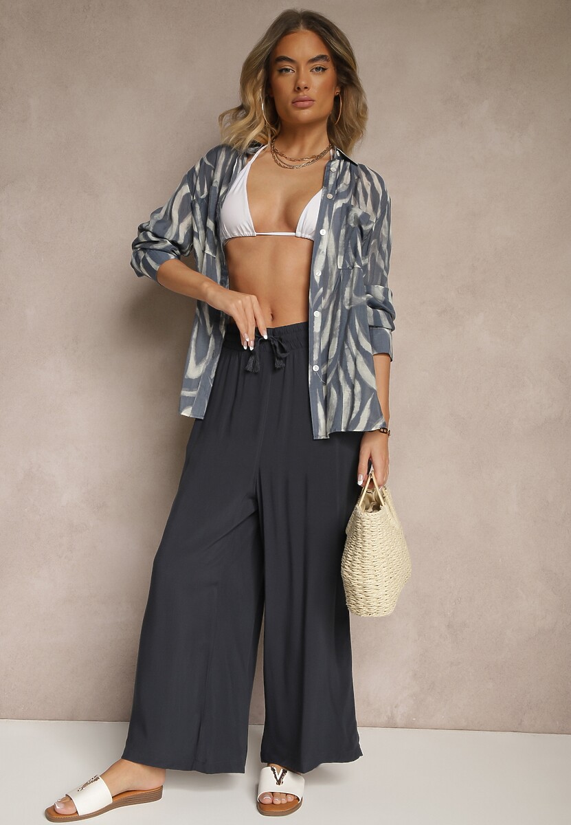 Czarne Szerokie Spodnie z Wiskozy ze Sznurkiem Natisetia