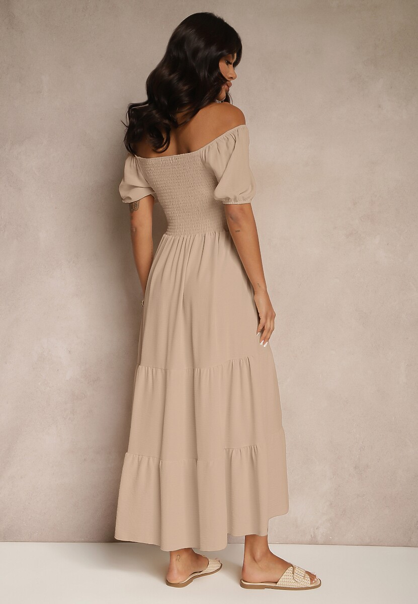 Beżowa Sukienka Hiszpanka z Marszczoną Górą Lumirielle
