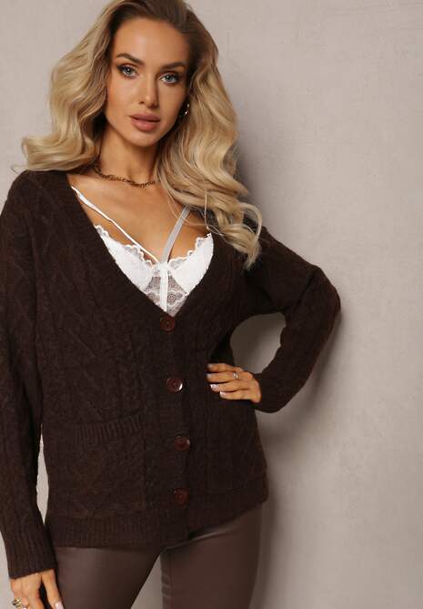 Ciemnobrązowy Zapinany Kardigan z Trójkątnym Dekoltem i Warkoczykowy Splot Juessa